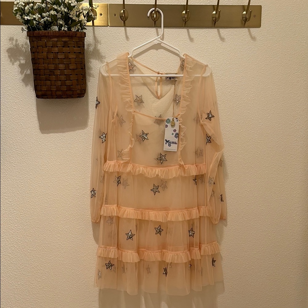 NWT Peach Sheer Ruffle Dress with Sequin Star Details